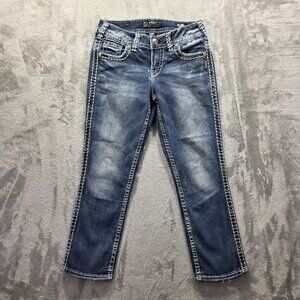 Silver Jeans Suki Mid Capri Jeans Womens 27 Blue Fluid Denim Embroidered Pockets